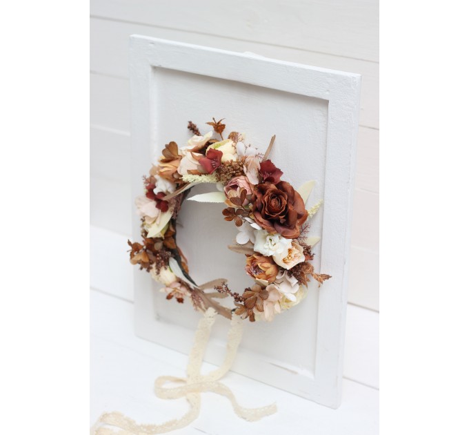 Terracotta brown cream flower crown. Hair wreath. Flower girl crown. Wedding flowers.5100