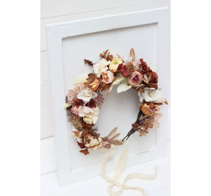 Terracotta brown cream flower crown. Hair wreath. Flower girl crown. Wedding flowers.5100