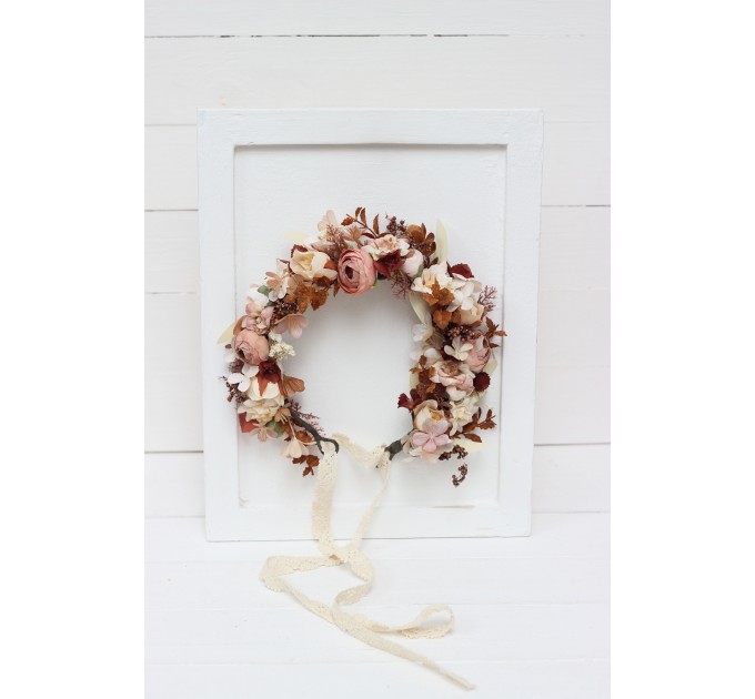 Terracotta brown cream flower crown. Hair wreath. Flower girl crown. Wedding flowers.5100