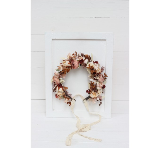 Terracotta brown cream flower crown. Hair wreath. Flower girl crown. Wedding flowers.5100