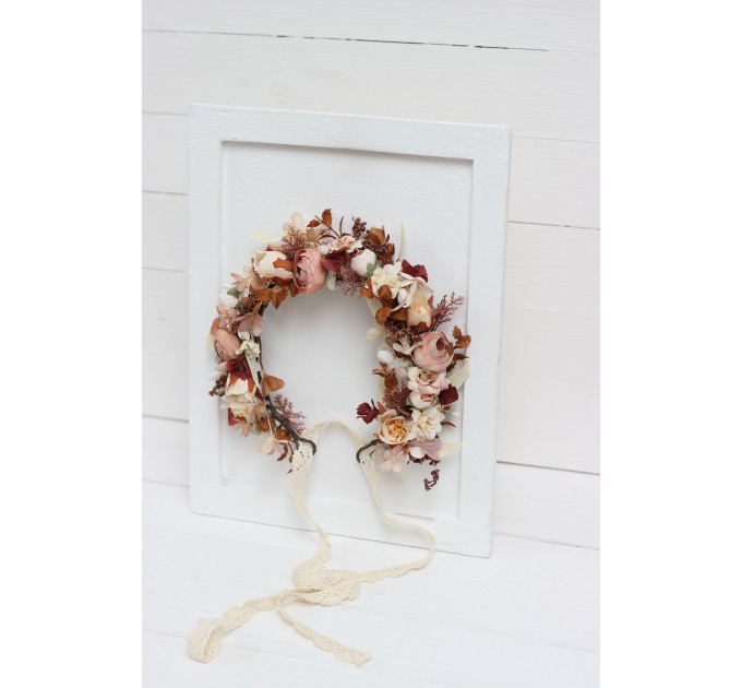 Terracotta brown cream flower crown. Hair wreath. Flower girl crown. Wedding flowers.5100