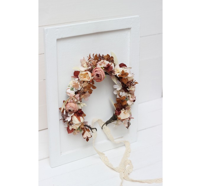 Terracotta brown cream flower crown. Hair wreath. Flower girl crown. Wedding flowers.5100