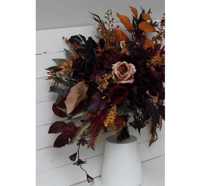 Wedding bouquets in Deep purple burgundy beige cinnamon colors. Bridal bouquet. Faux bouquet. Bridesmaid bouquet. 5096
