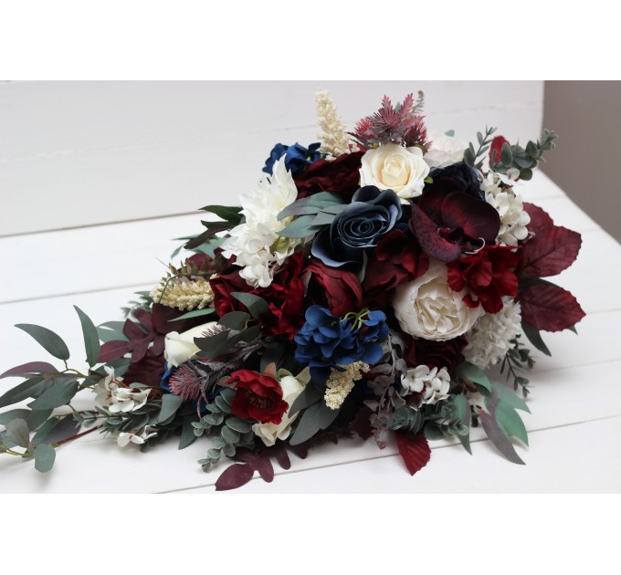 Wedding bouquets in burgundy ivory navy blue colors. Bridal bouquet. Cascading bouquet. Faux bouquet. Bridesmaid bouquet. 5097