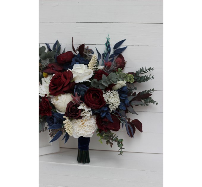 Wedding bouquets in burgundy ivory navy blue colors. Bridal bouquet. Cascading bouquet. Faux bouquet. Bridesmaid bouquet. 5097