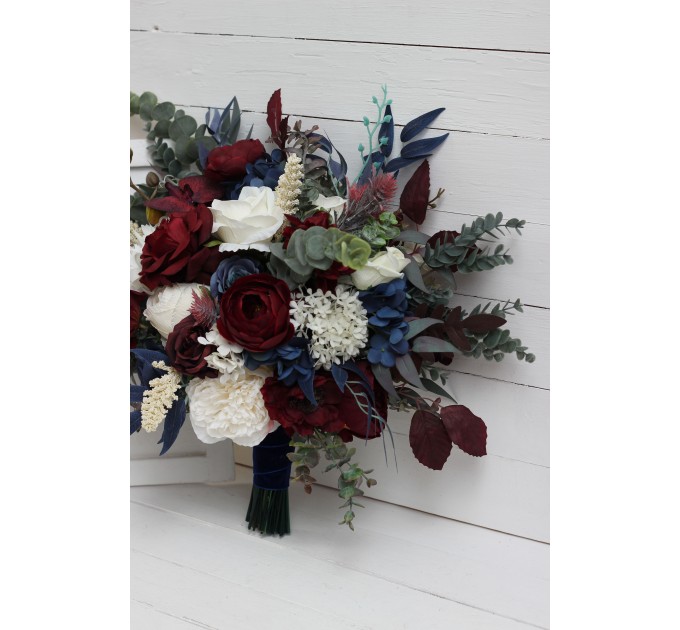 Wedding bouquets in burgundy ivory navy blue colors. Bridal bouquet. Cascading bouquet. Faux bouquet. Bridesmaid bouquet. 5097