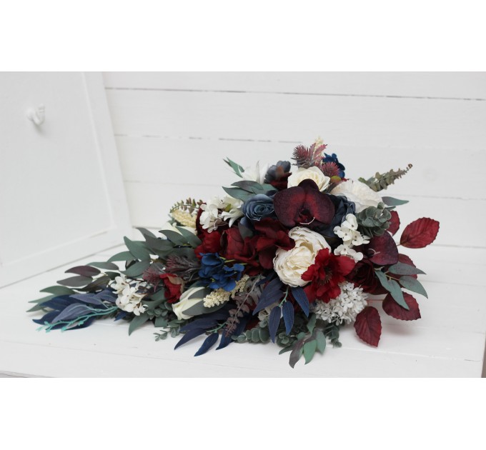 Wedding bouquets in burgundy ivory navy blue colors. Bridal bouquet. Cascading bouquet. Faux bouquet. Bridesmaid bouquet. 5097