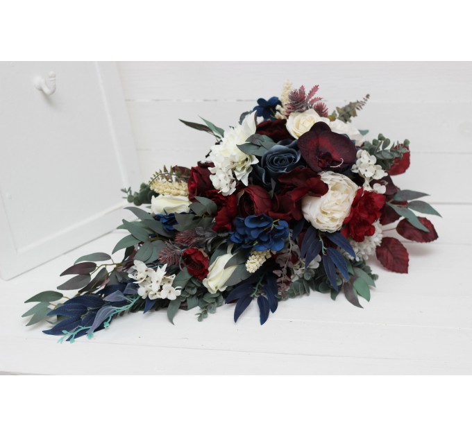 Wedding bouquets in burgundy ivory navy blue colors. Bridal bouquet. Cascading bouquet. Faux bouquet. Bridesmaid bouquet. 5097
