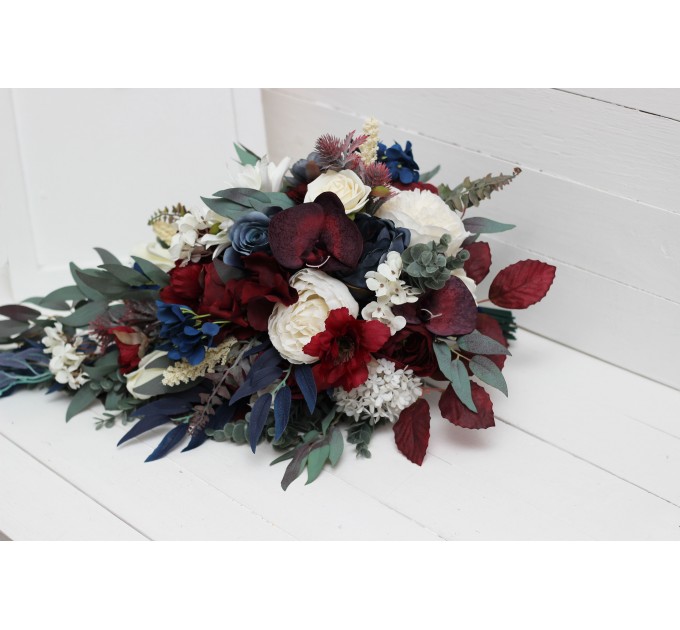 Wedding bouquets in burgundy ivory navy blue colors. Bridal bouquet. Cascading bouquet. Faux bouquet. Bridesmaid bouquet. 5097