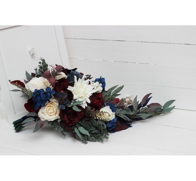 Wedding bouquets in burgundy ivory navy blue colors. Bridal bouquet. Cascading bouquet. Faux bouquet. Bridesmaid bouquet. 5097