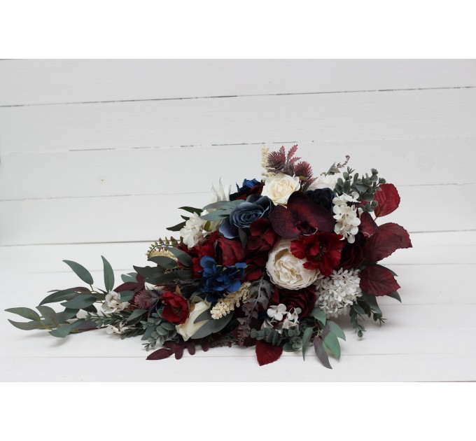 Wedding bouquets in burgundy ivory navy blue colors. Bridal bouquet. Cascading bouquet. Faux bouquet. Bridesmaid bouquet. 5097