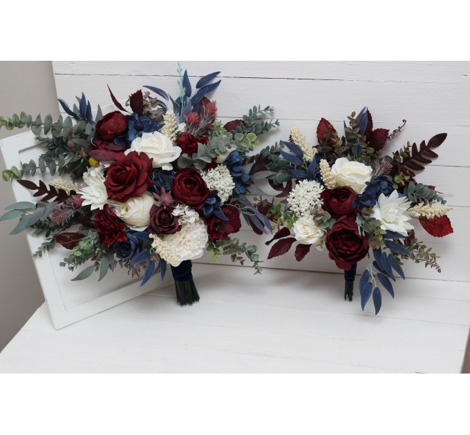 Wedding bouquets in burgundy ivory navy blue colors. Bridal bouquet. Cascading bouquet. Faux bouquet. Bridesmaid bouquet. 5097