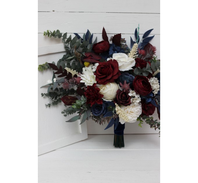 Wedding bouquets in burgundy ivory navy blue colors. Bridal bouquet. Cascading bouquet. Faux bouquet. Bridesmaid bouquet. 5097