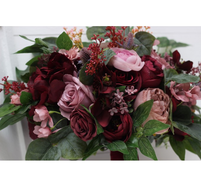 Wedding bouquets in burgundy mauve dusty rose colors. Bridal bouquet. Faux bouquet. Bridesmaid bouquet. 5099