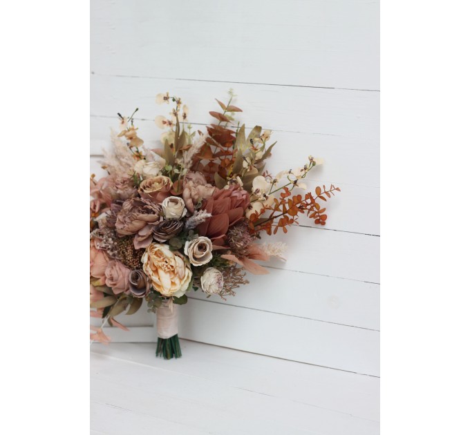 Wedding bouquets in dusty rose cinnamon ivory colors. Bridal bouquet. Faux bouquet. Bridesmaid bouquet. 5098