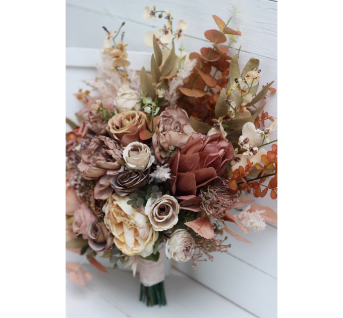 Wedding bouquets in dusty rose cinnamon ivory colors. Bridal bouquet. Faux bouquet. Bridesmaid bouquet. 5098