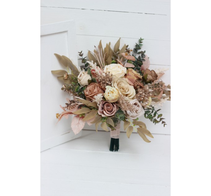 Wedding bouquets in dusty rose cinnamon ivory colors. Bridal bouquet. Faux bouquet. Bridesmaid bouquet. 5098