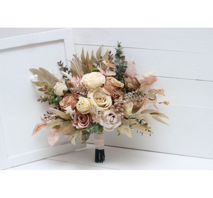 Wedding bouquets in dusty rose cinnamon ivory colors. Bridal bouquet. Faux bouquet. Bridesmaid bouquet. 5098