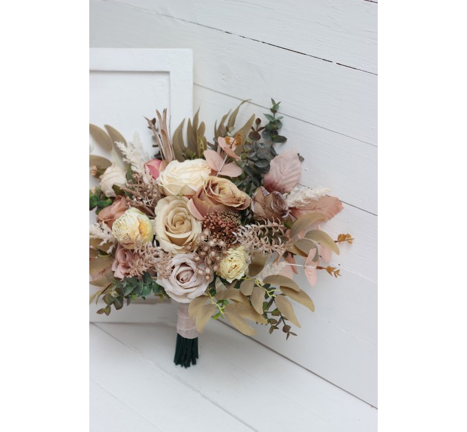 Wedding bouquets in dusty rose cinnamon ivory colors. Bridal bouquet. Faux bouquet. Bridesmaid bouquet. 5098