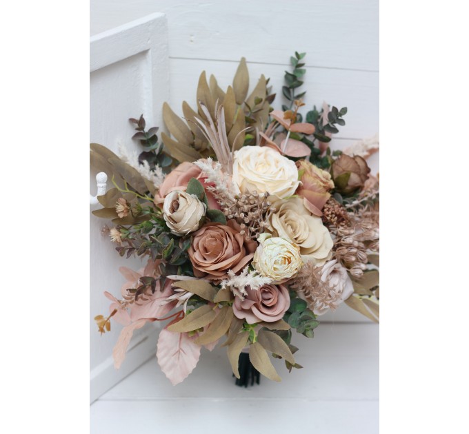Wedding bouquets in dusty rose cinnamon ivory colors. Bridal bouquet. Faux bouquet. Bridesmaid bouquet. 5098