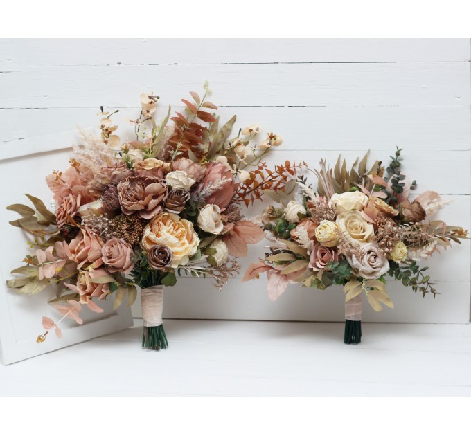 Wedding bouquets in dusty rose cinnamon ivory colors. Bridal bouquet. Faux bouquet. Bridesmaid bouquet. 5098