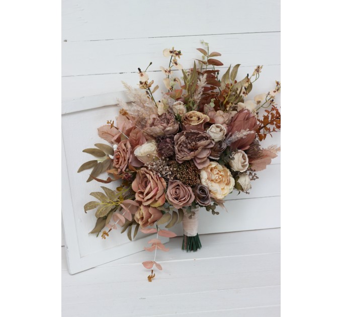 Wedding bouquets in dusty rose cinnamon ivory colors. Bridal bouquet. Faux bouquet. Bridesmaid bouquet. 5098
