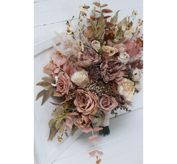 Wedding bouquets in dusty rose cinnamon ivory colors. Bridal bouquet. Faux bouquet. Bridesmaid bouquet. 5098