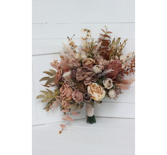 Wedding bouquets in dusty rose cinnamon ivory colors. Bridal bouquet. Faux bouquet. Bridesmaid bouquet. 5098