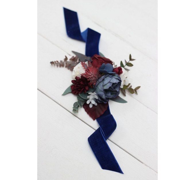  Wedding boutonnieres and wrist corsage  in burgundy ivory navy blue color scheme. Flower accessories. 5097