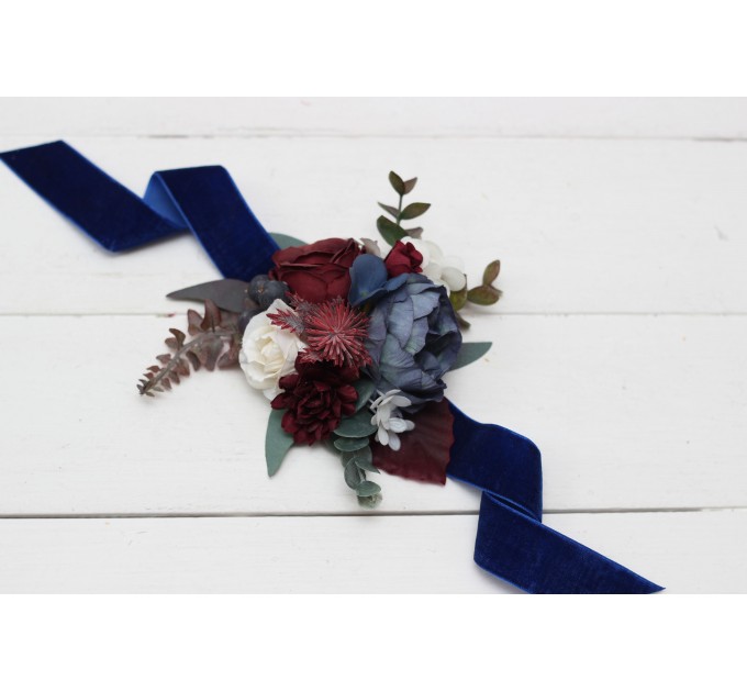  Wedding boutonnieres and wrist corsage  in burgundy ivory navy blue color scheme. Flower accessories. 5097