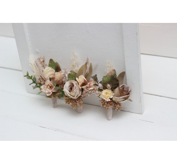  Wedding boutonnieres and wrist corsage  in dusty rose cinnamon ivory color scheme. Flower accessories. 5098