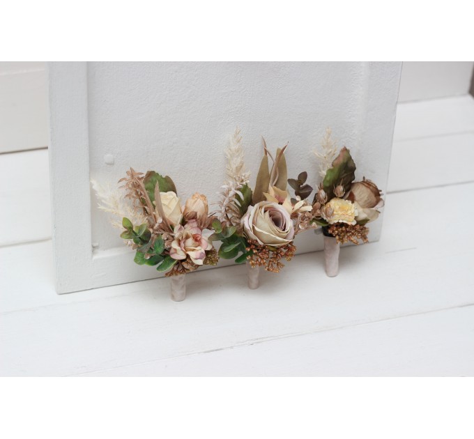 Wedding boutonnieres and wrist corsage  in dusty rose cinnamon ivory color scheme. Flower accessories. 5098