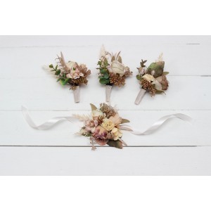  Wedding boutonnieres and wrist corsage  in dusty rose cinnamon ivory color scheme. Flower accessories. 5098