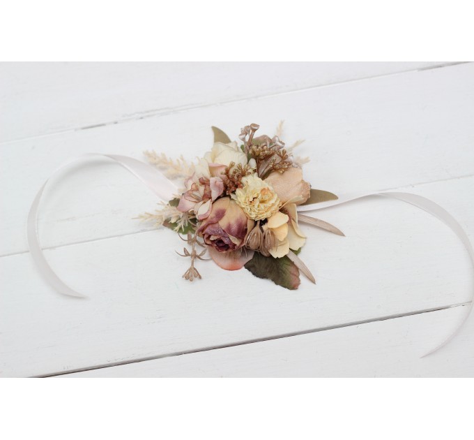  Wedding boutonnieres and wrist corsage  in dusty rose cinnamon ivory color scheme. Flower accessories. 5098