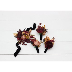  Wedding boutonnieres and wrist corsage  in purple burgundy beige color scheme. Flower accessories. 5096