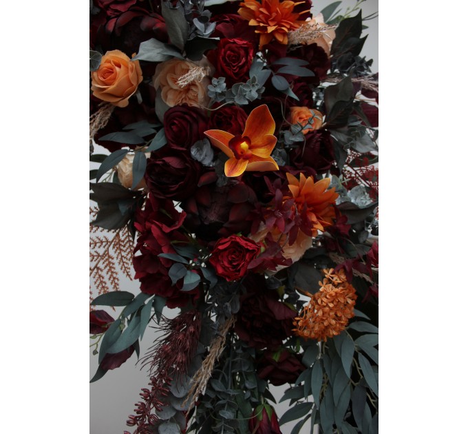  Flower arch arrangement in burnt orange red burgundy colors.  Arbor flowers. Floral archway. Faux flowers for wedding arch. 5103