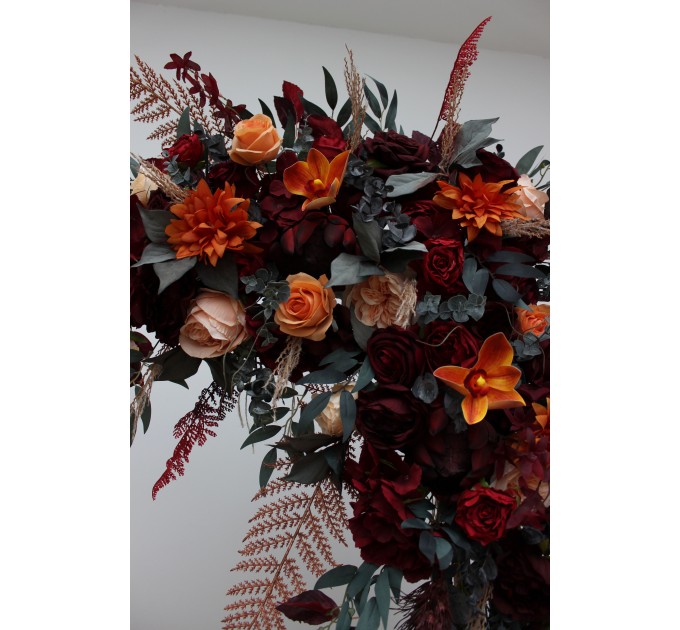  Flower arch arrangement in burnt orange red burgundy colors.  Arbor flowers. Floral archway. Faux flowers for wedding arch. 5103