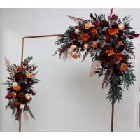  Flower arch arrangement in burnt orange red burgundy colors.  Arbor flowers. Floral archway. Faux flowers for wedding arch. 5103