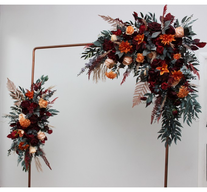  Flower arch arrangement in burnt orange red burgundy colors.  Arbor flowers. Floral archway. Faux flowers for wedding arch. 5103