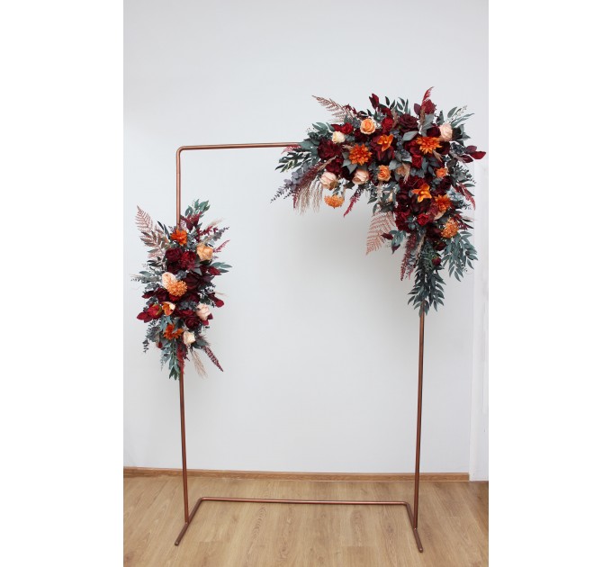  Flower arch arrangement in burnt orange red burgundy colors.  Arbor flowers. Floral archway. Faux flowers for wedding arch. 5103