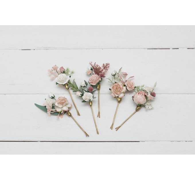  Set of 6 hair pins in white blush pink color scheme. Hair accessories. Flower accessories for wedding.  0048