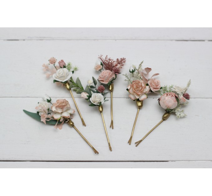  Set of 6 hair pins in white blush pink color scheme. Hair accessories. Flower accessories for wedding.  0048