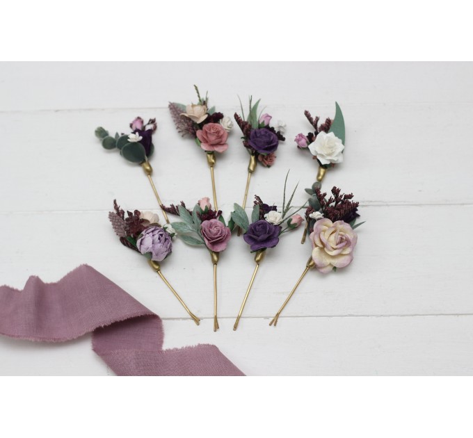  Set of  8 bobby pins in  dusty rose purple color scheme. Hair accessories. Flower accessories for wedding.  5104