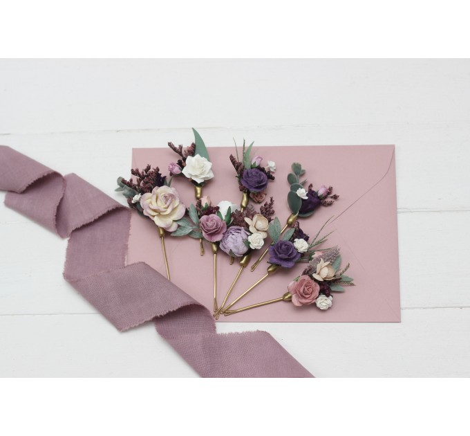  Set of  8 bobby pins in  dusty rose purple color scheme. Hair accessories. Flower accessories for wedding.  5104