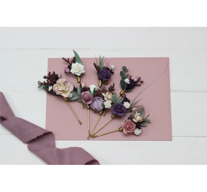  Set of  8 bobby pins in  dusty rose purple color scheme. Hair accessories. Flower accessories for wedding.  5104