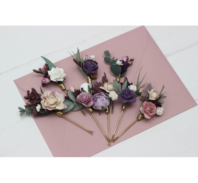  Set of  8 bobby pins in  dusty rose purple color scheme. Hair accessories. Flower accessories for wedding.  5104