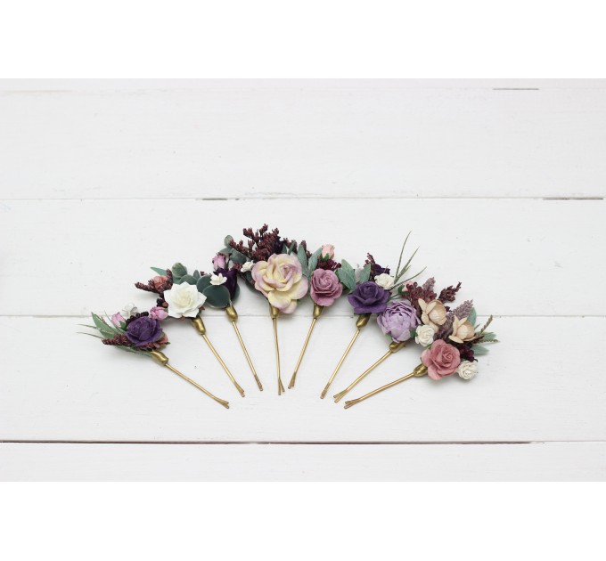  Set of  8 bobby pins in  dusty rose purple color scheme. Hair accessories. Flower accessories for wedding.  5104