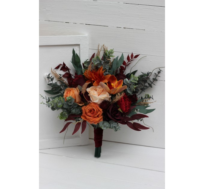 Wedding bouquets in burnt orange red burgundy colors. Bridal bouquet. Faux bouquet. Bridesmaid bouquet. 5103