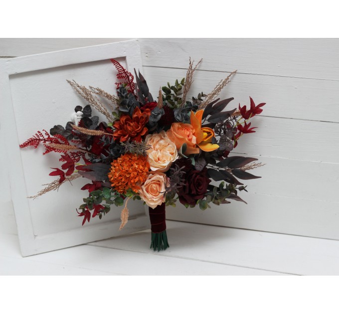 Wedding bouquets in burnt orange red burgundy colors. Bridal bouquet. Faux bouquet. Bridesmaid bouquet. 5103