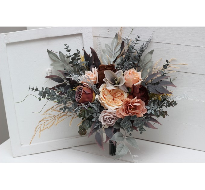 Wedding bouquets in gray peach brown colors. Bridal bouquet. Faux bouquet. Bridesmaid bouquet. 5106